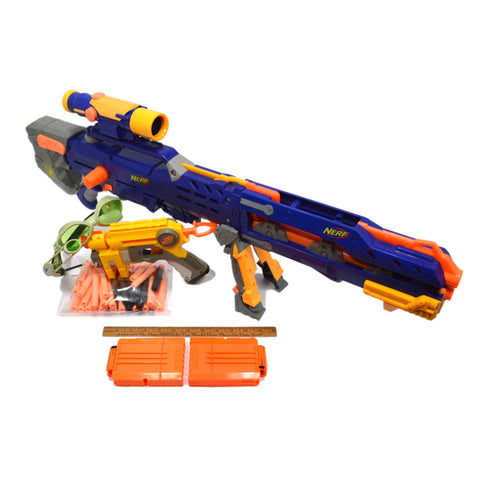 NERF LOT; LONGSHOT CS-6 BLASTER **ISSUE** + C-307a PULL-BACK PISTOL + 30 Darts