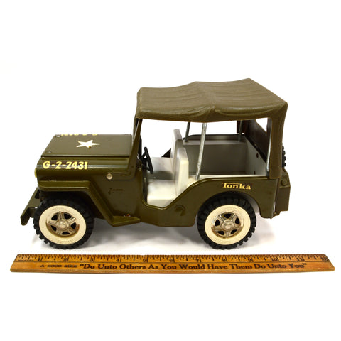 Vintage TONKA ARMY JEEP TRUCK No. G-2-2431 Pressed Steel w/ Plastic Roof c.1960s