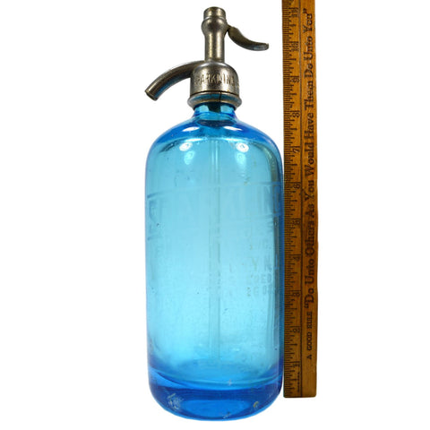 Vintage SPARKLING BEVERAGES SELTZER BOTTLE Turquoise Blue w/ CAP & GLASS SYPHON!