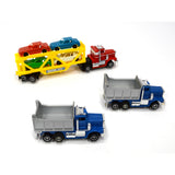 Vintage TYCO "MOTOR CITY US 1" SLOT CAR SET w/ 2 Dump Trucks + CAR CARRIER SEMI!