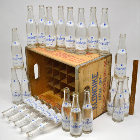 Antique STEINBERGER'S KLONDIKE WOOD CRATE w/ Divider + 23 ACL SODA-WATER BOTTLES