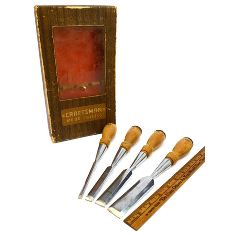 Vintage CRAFTSMAN WOOD CHISEL Set of 4 BEVELED EDGE CHISELS + Box 1/4 1/2 3/4 1