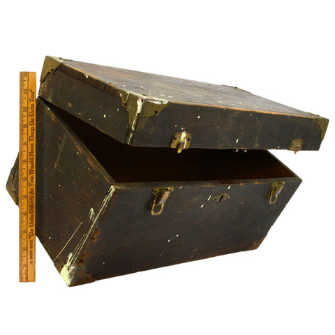 Antique WOODEN BOX Small Trunk TRINKET CHEST Brass Corners & Latches WOW PATINA!