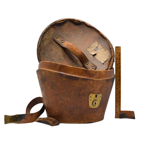 Antique LEATHER TOP HAT BOX by "YOUNG BROS." of NY w/ ORIGINAL MONEY ORDER TAGS