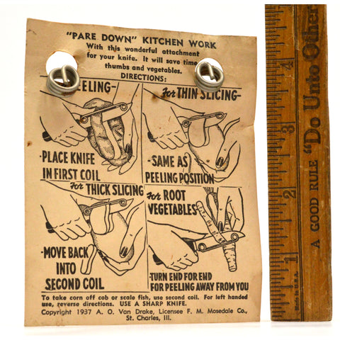 Vintage "PARE DOWN" Knife-Peeling Tool" on ORIGINAL CARD c.1937 F.M Mosedale Co.