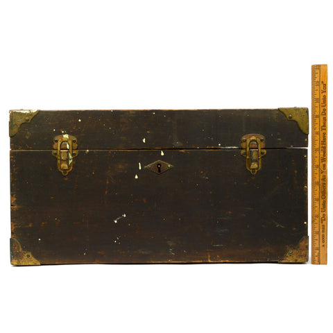 Antique WOODEN BOX Small Trunk TRINKET CHEST Brass Corners & Latches WOW PATINA!