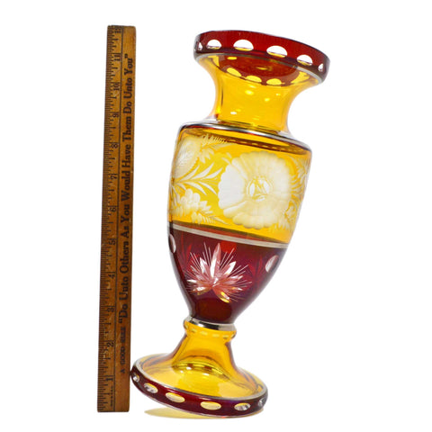 Vintage RUBY RED & YELLOW-AMBER GLASS/CRYSTAL Cut-to-Clear SILVER OVERLAY Etched