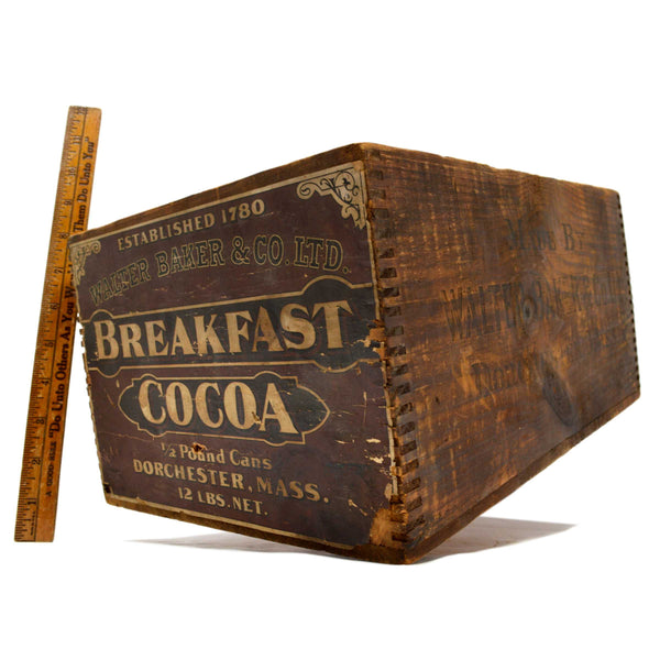 Vintage WOODEN CHOCOLATE CRATE Paper Label! "WALTER BAKER & CO. BREAKFAST COCOA"