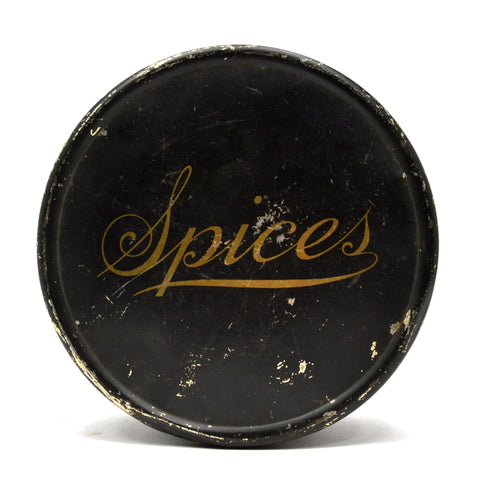 Vintage "SPICES" SPICE SET of 7 TIN HERB JARS in 8" CONTAINER Metal Package Corp