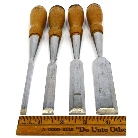Vintage CRAFTSMAN WOOD CHISEL Set of 4 BEVELED EDGE CHISELS + Box 1/4 1/2 3/4 1