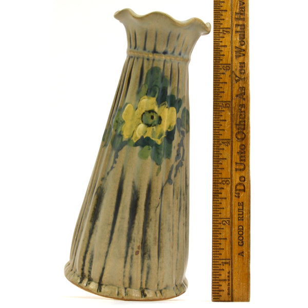 Antique WELLER "LOUELLA" BUD VASE 6.75" w/ Ruffle Lip MATTE GLAZED Yellow Flower