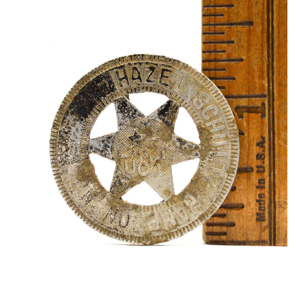 Vintage GOOD LUCK CHARM BADGE "LUCKY" by "HAZEL SCHULTZ...HAMPTON, NJ" c.1923