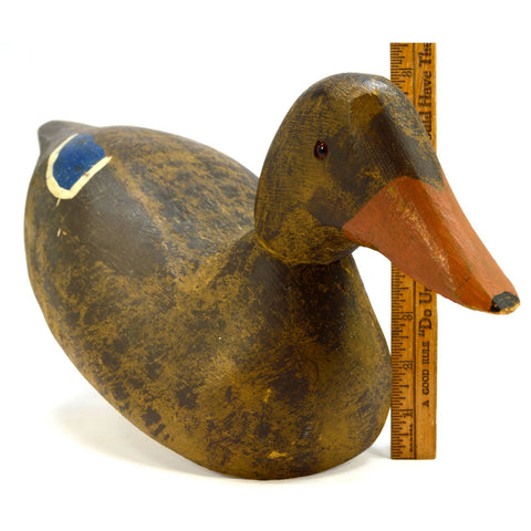 Vintage WOODEN DUCK DECOY Unsigned HAND-CARVED Hand-Painted GLASS EYES Folk Art?