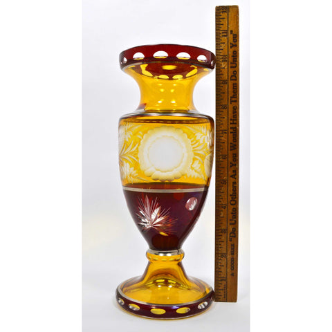 Vintage RUBY RED & YELLOW-AMBER GLASS/CRYSTAL Cut-to-Clear SILVER OVERLAY Etched