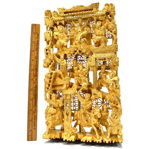 Exquisite Old CARVED WOOD OPENWORK PANEL Gold-Gilt/Gilded IMPERIAL CHINESE SCENE