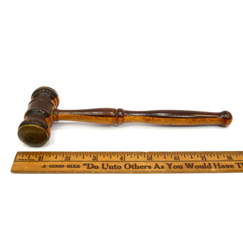Antique 2-TONE TURNED HARDWOOD GAVEL Mahogany & Oak? BRASS FACE-PLATES Gorgeous!