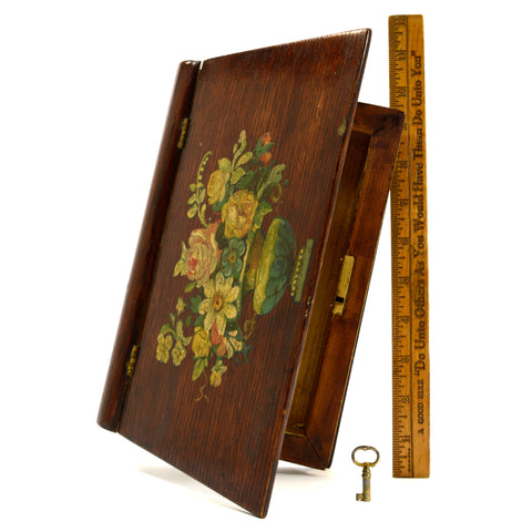 Antique FOLK ART/HOMEMADE BOOK-BOX Wood Trinket Chest w/ LOCK & KEY Floral Motif