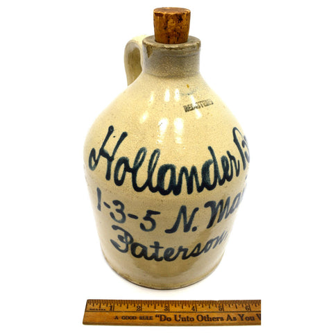 Antique STONEWARE WHISKEY JUG 9" Cobalt Script HOLLANDER BROS PATERSON, NJ Rare!