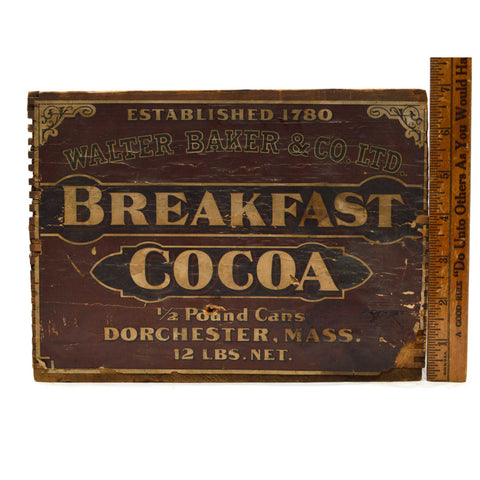 Vintage WOODEN CHOCOLATE CRATE Paper Label! "WALTER BAKER & CO. BREAKFAST COCOA"