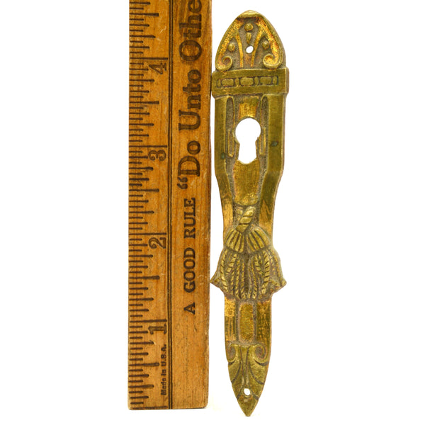Antique BRASS/BRONZE ESCUTCHEON 4-1/2" Vertical ORNATE KEYHOLE COVER Tassel Motif