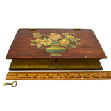 Antique FOLK ART/HOMEMADE BOOK-BOX Wood Trinket Chest w/ LOCK & KEY Floral Motif