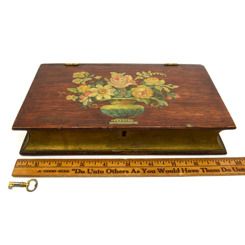 Antique FOLK ART/HOMEMADE BOOK-BOX Wood Trinket Chest w/ LOCK & KEY Floral Motif