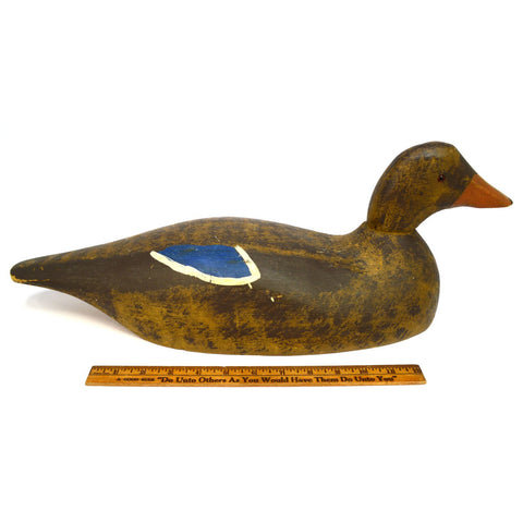 Vintage WOODEN DUCK DECOY Unsigned HAND-CARVED Hand-Painted GLASS EYES Folk Art?