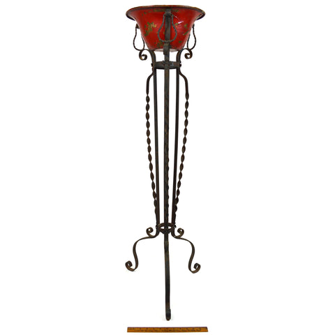 Antique WROUGHT IRON FERN STAND w/ Old Red Paint over COPPER BOWL! Arts & Crafts