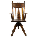 Antique CHILD-SIZE WOOD SWIVEL CHAIR Carved Dog BANISTER-SPINDLE BACK Oak c.19th