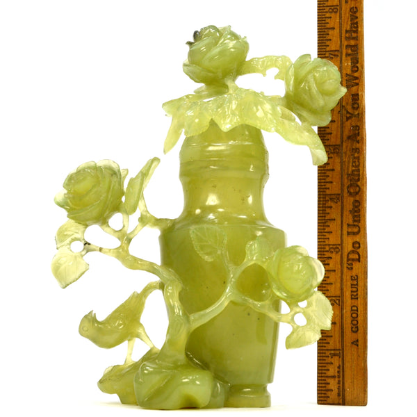 Antique CARVED JADE VASE Lidded/Covered ORNATE ROSES & BIRDS **Broken & Glued**