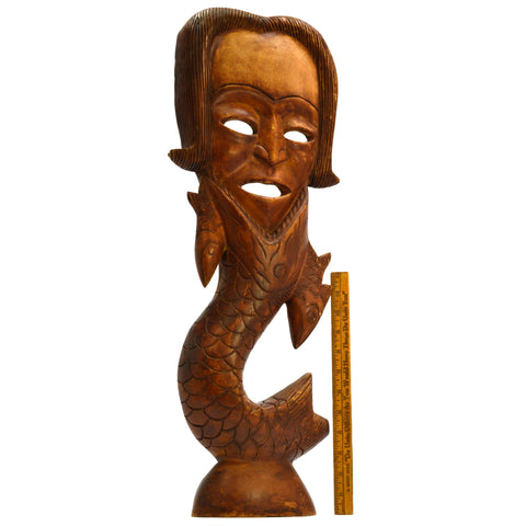 Vintage HAND-CARVED HARDWOOD MERMAN WALL-HANGING 25" Wood Man/Fish Statue UNIQUE