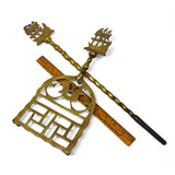 Antique NAUTICAL BRASS FIREPLACE RACK w/ 2 Tools "DON FERNANDO" SHIP Hearthware