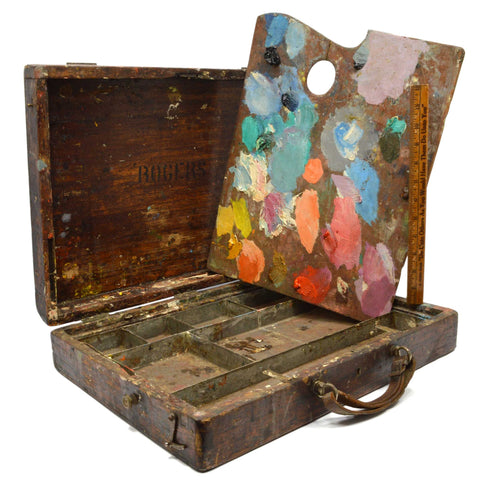 Antique ARTIST'S PAINTERS BOX Hardwood w/ Metal ORIGINAL PAINTED PALETTE Patina!