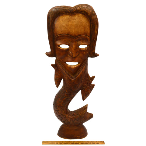 Vintage HAND-CARVED HARDWOOD MERMAN WALL-HANGING 25" Wood Man/Fish Statue UNIQUE