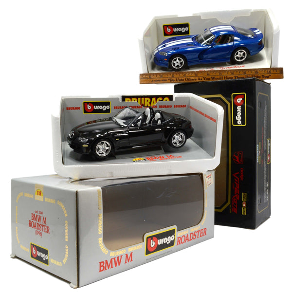 Lot of 2 BURAGO DIECAST CARS 1:18 Scale BMW M ROADSTER #3349 Dodge Viper #3030