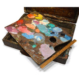 Antique ARTIST'S PAINTERS BOX Hardwood w/ Metal ORIGINAL PAINTED PALETTE Patina!