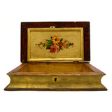 Antique FOLK ART/HOMEMADE BOOK-BOX Wood Trinket Chest w/ LOCK & KEY Floral Motif