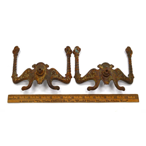 Antique CAST IRON DOUBLE-DOOR PULLS Knob/Handle FIGURAL BAT/GOTHIC MOTIF Ornate