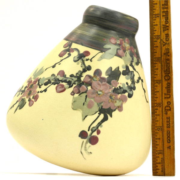 Antique WELLER "WHITE & DECORATED" HUDSON VASE 6.5" Squat CHERRY BLOSSOMS Rare!