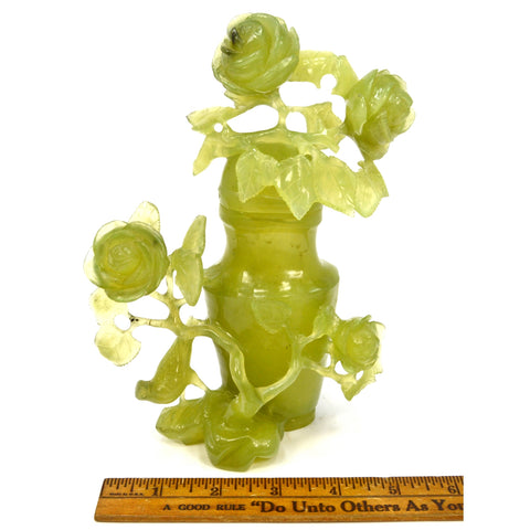 Antique CARVED JADE VASE Lidded/Covered ORNATE ROSES & BIRDS **Broken & Glued**