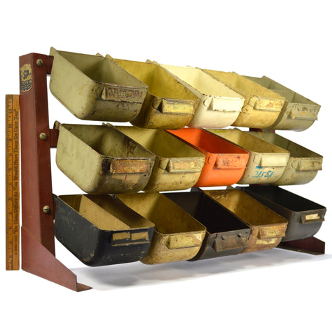 Vintage METAL PARTS BIN RACK 3-Rows, 15 Bins by "SP SYSTEMS INC." of Detroit, MI
