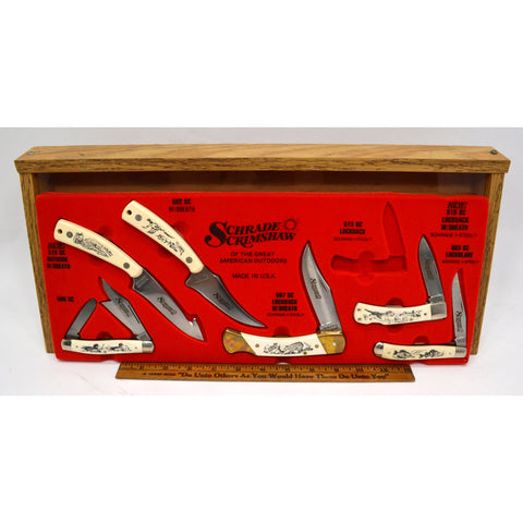 Vintage SCHRADE SCRIMSHAW KNIFE DISPLAY with 6 of 7 ORIGINAL KNIVES c.1989 Rare!