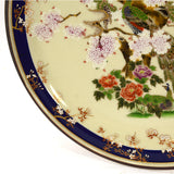 Signed CLOISONNE ENAMEL PLATE 9-3/8" Round PEACOCK in DOGWOOD TREE Some Crazing
