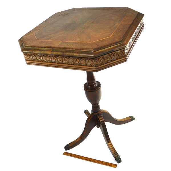 Antique VICTORIAN HARDWOOD PEDESTAL TABLE 18x18 Square CARVED & INLAID Claw Feet