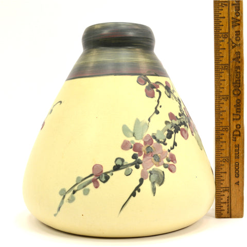 Antique WELLER "WHITE & DECORATED" HUDSON VASE 6.5" Squat CHERRY BLOSSOMS Rare!