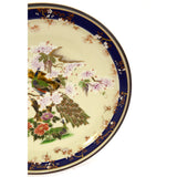 Signed CLOISONNE ENAMEL PLATE 9-3/8" Round PEACOCK in DOGWOOD TREE Some Crazing