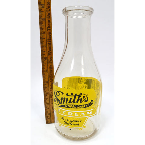 Vintage ACL/PYRO GLASS "ICE CREAM" MILK BOTTLE Yellow "SMITH'S MODEL DAIRY INC."