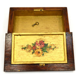 Antique FOLK ART/HOMEMADE BOOK-BOX Wood Trinket Chest w/ LOCK & KEY Floral Motif
