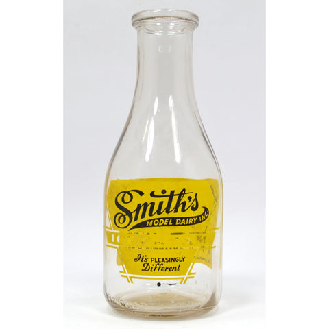 Vintage ACL/PYRO GLASS "ICE CREAM" MILK BOTTLE Yellow "SMITH'S MODEL DAIRY INC."