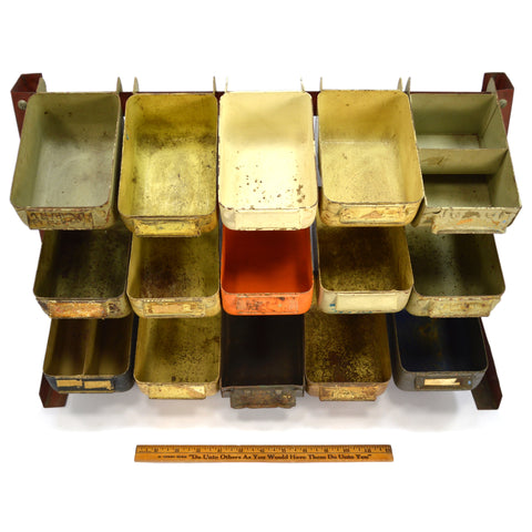 Vintage METAL PARTS BIN RACK 3-Rows, 15 Bins by "SP SYSTEMS INC." of Detroit, MI